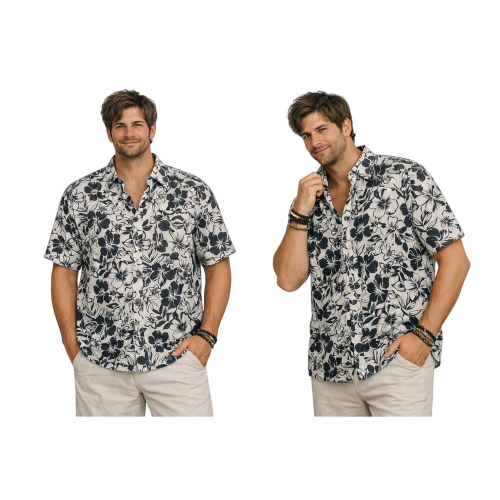 American Eagle Men’s XL Hawaiian Shirt Navy White Floral Y2K Stretch Cotton GUC